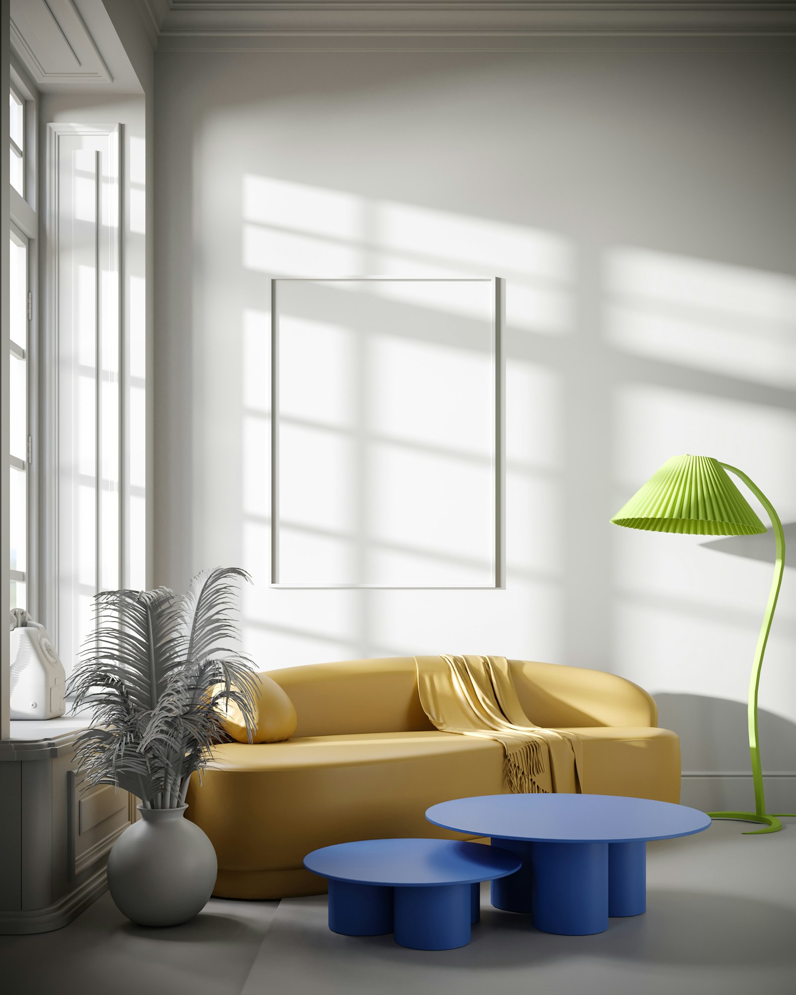 Living room with a yellow sofa in afternoon sun